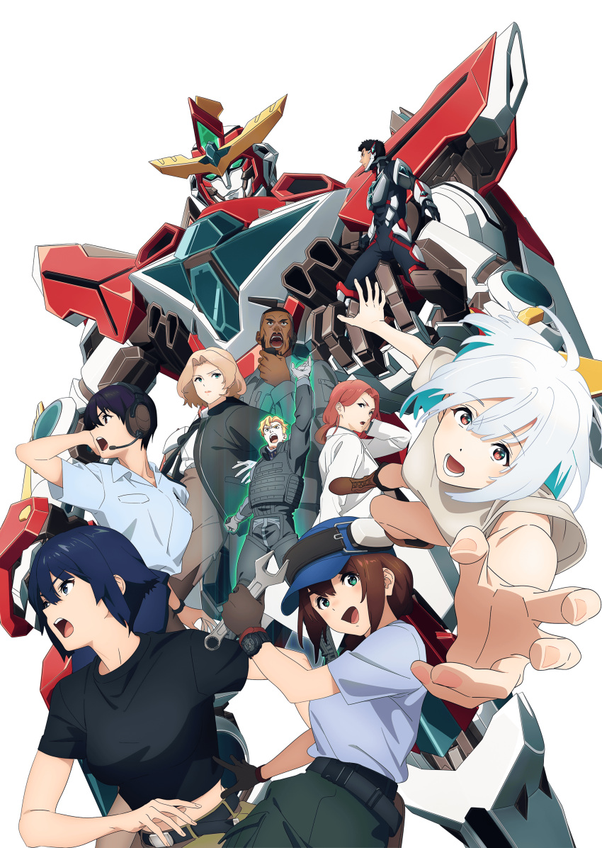 3boys 6+girls absurdres ao_isami bang_brave_bang_bravern black_hair black_shirt blonde_hair blue_shirt bravern brown_gloves brown_hair earth_(planet) gloves hal_king hat highres holding holding_wrench honoka_suzunagi karen_aldrin key_visual lewis_smith long_hair looking_at_viewer lulu_(bang_brave_bang_bravern) mecha miyu_katou multiple_boys multiple_girls nina_kowalski official_art open_mouth pilot_suit planet promotional_art riou_hibiki robot shirt short_hair short_sleeves t-shirt transparent_background white_hair wrench