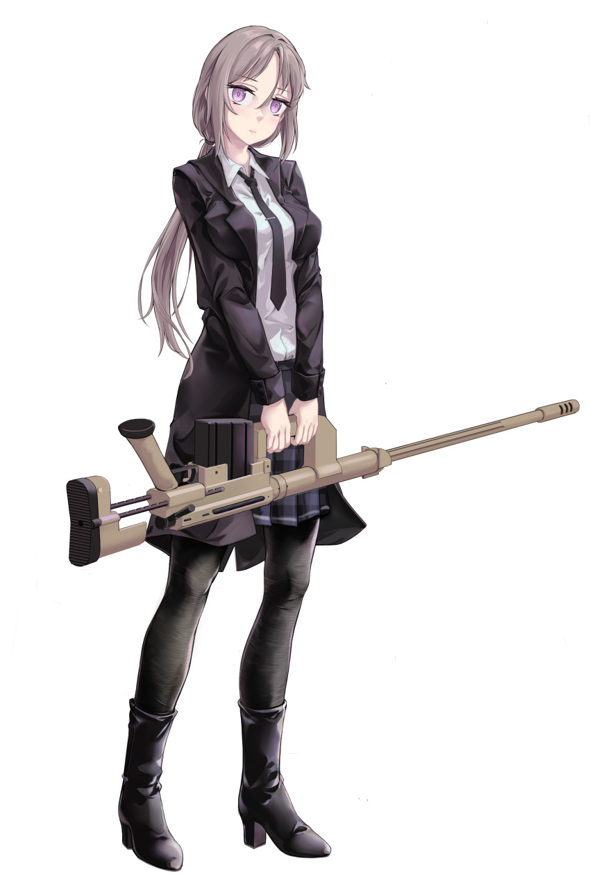 1girl absurdres aged_up black_footwear black_jacket black_necktie black_pantyhose black_skirt bolt_action boots cheytac_m200 collared_shirt english_commentary girls'_frontline grey_hair gun high_heel_boots high_heels highres holding holding_gun holding_weapon jacket long_hair looking_at_viewer m200_(girls'_frontline) necktie open_clothes open_jacket pantyhose pleated_skirt ponytail purple_eyes rifle shirt sidelocks skirt sniper_rifle solo user_zzhx5244 weapon white_background white_shirt