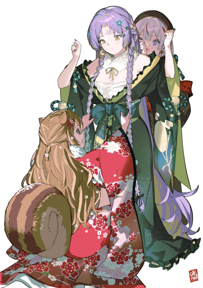 3girls airani_iofifteen airani_iofifteen_(new_year) animal_ears ayunda_risu ayunda_risu_(new_year) beret braid brown_hair chest_sarashi facial_mark floral_print forehead_mark hat highres hololive hololive_indonesia japanese_clothes kimono moona_hoshinova moona_hoshinova_(new_year) multiple_girls nail_polish pink_hair purple_hair sarashi sen-jou squirrel_ears squirrel_tail tail twin_braids virtual_youtuber white_background