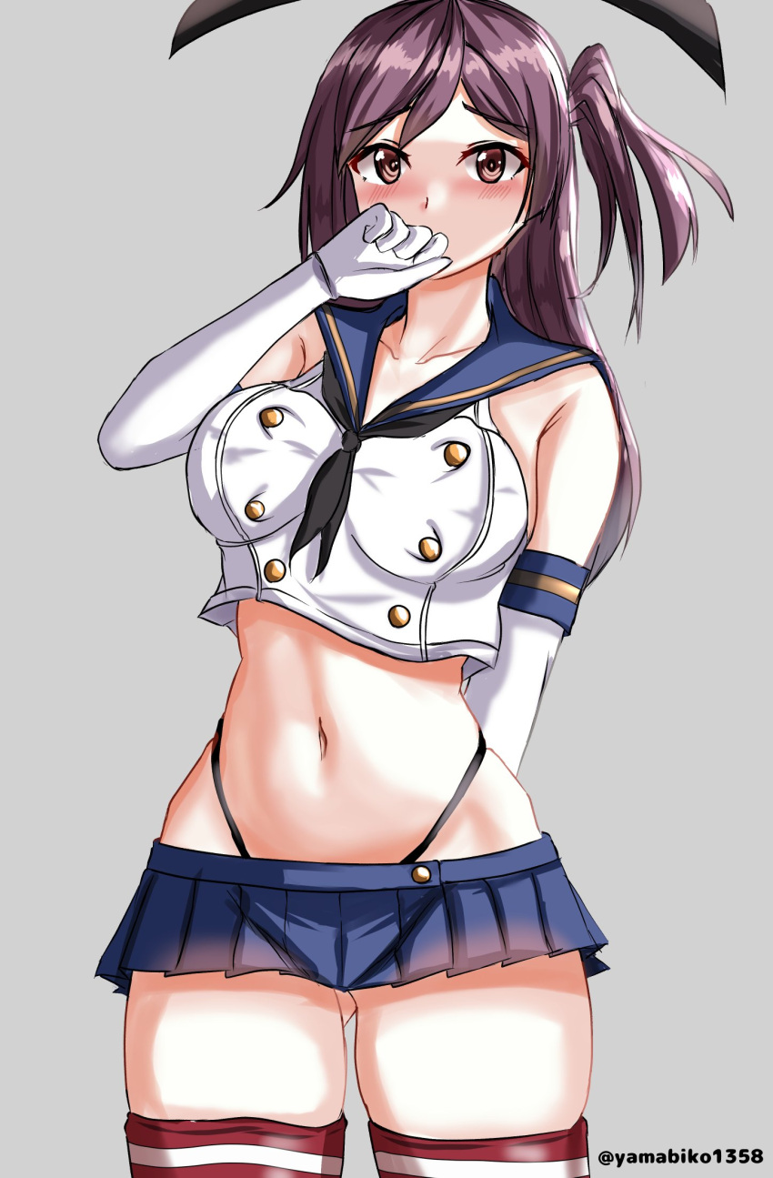 1girl black_hairband black_neckerchief black_panties blue_sailor_collar blue_skirt breasts brown_eyes cosplay cowboy_shot crop_top elbow_gloves gloves hagikaze_(kancolle) hairband highleg highleg_panties highres kantai_collection long_hair microskirt mizuki_(uzuki_no_sato) neckerchief one_side_up panties purple_hair sailor_collar shimakaze_(kancolle) shimakaze_(kancolle)_(cosplay) skirt striped striped_thighhighs thighhighs twitter_username underwear white_gloves