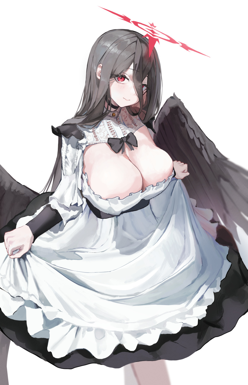 1girl absurdres black_dress black_hair black_wings blue_archive breasts cleavage closed_mouth dotthebot dress feathered_wings feet_out_of_frame hair_between_eyes halo hasumi_(blue_archive) highres large_breasts long_hair long_sleeves looking_at_viewer red_eyes red_halo simple_background solo white_background white_dress wings