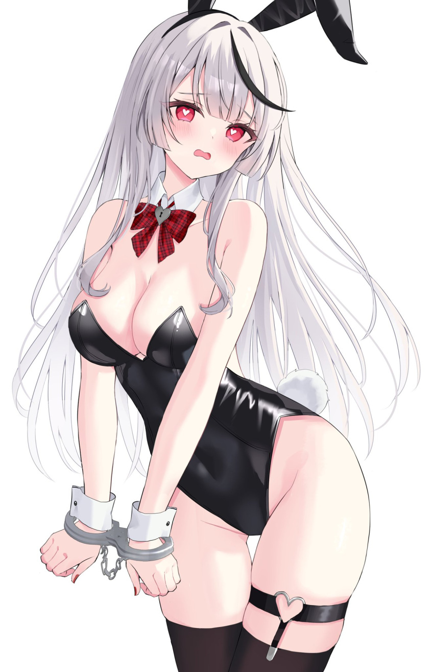 1girl animal_ears black_hair black_leotard black_thighhighs blush breasts cleavage collar cuffs detached_collar fake_animal_ears fake_tail grey_hair handcuffs heart heart-shaped_pupils heart_o-ring highres hololive large_breasts leotard long_hair looking_at_viewer nail_polish o-ring o-ring_thigh_strap open_mouth playboy_bunny rabbit_ears rabbit_tail red_eyes red_nails sakamata_chloe solo strapless strapless_leotard suineco symbol-shaped_pupils tail thigh_strap thighhighs virtual_youtuber white_background white_collar white_wrist_cuffs