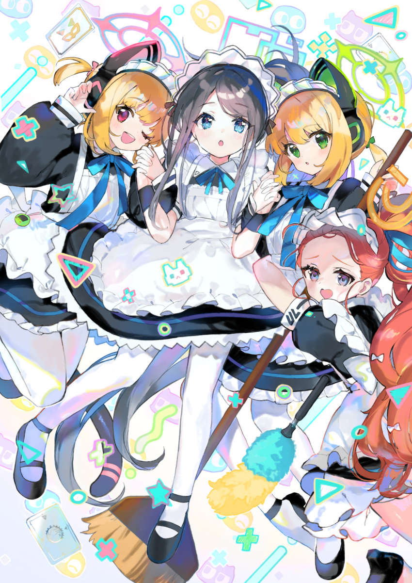 4girls :o absurdly_long_hair absurdres animal_ear_headphones animal_ears apron aqua_ribbon aris_(blue_archive) aris_(maid)_(blue_archive) atsumi_jun black_dress black_footwear black_hair black_wristband blonde_hair blue_archive blue_eyes blue_halo blush bow broom cat_ear_headphones dress duster fake_animal_ears frilled_apron frills game_development_department_(blue_archive) green_eyes green_halo hair_bow halo hands_up headphones heart-shaped_mouth highres holding holding_broom holding_hands interlocked_fingers long_hair long_sleeves looking_at_viewer maid maid_apron maid_headdress midori_(blue_archive) midori_(maid)_(blue_archive) momoi_(blue_archive) momoi_(maid)_(blue_archive) multiple_girls neck_ribbon official_alternate_costume one_eye_closed open_mouth orange_halo pantyhose pink_bow pink_eyes pink_hair puffy_long_sleeves puffy_short_sleeves puffy_sleeves red_hair ribbon short_hair short_sleeves siblings sisters smile tail twins very_long_hair white_apron white_bow white_pantyhose yuzu_(blue_archive) yuzu_(maid)_(blue_archive)