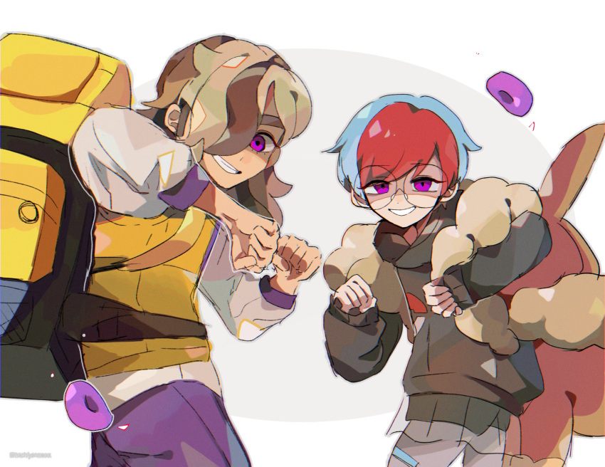 1boy arven_(pokemon) backpack bag black_hoodie blue_hair brown_hair food glasses grin hair_over_one_eye highres hood hoodie light_brown_hair long_hair mochi multicolored_hair pants pantyhose penny_(pokemon) piyomaru_(hachiyonnxxxx) pokemon pokemon_sv possessed purple_eyes purple_pants red_hair round_eyewear school_uniform see-through see-through_skirt shirt short_hair shorts shorts_under_skirt skirt smile two-tone_hair uva_academy_school_uniform vest yellow_bag yellow_vest