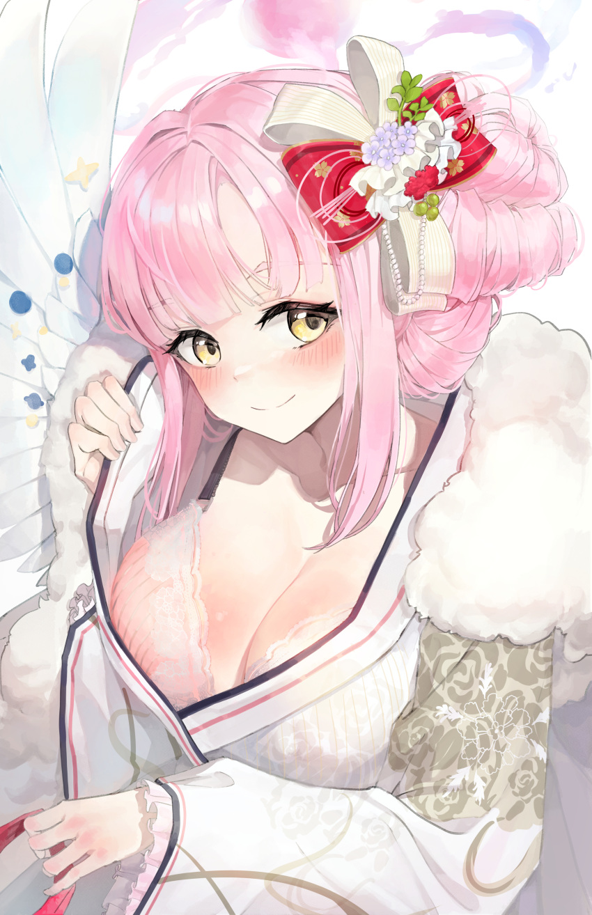 1girl absurdres alternate_costume blue_archive blush bra breasts cleavage feathered_wings floral_print fur-trimmed_kimono fur_trim halo highres japanese_clothes kimono large_breasts looking_at_viewer mika_(blue_archive) pink_bra pink_hair rnjs4967 smile solo underwear upper_body white_kimono white_wings wings yellow_eyes