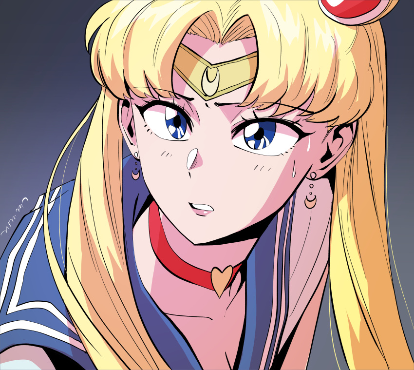 1girl absurdres bishoujo_senshi_sailor_moon blonde_hair blue_eyes blue_sailor_collar choker close-up collarbone collared_shirt crescent crescent_earrings earrings gegegekman gradient_background highres jewelry long_hair medium_bangs meme parted_bangs parted_lips pink_lips red_choker sailor_collar sailor_moon_redraw_challenge_(meme) sailor_senshi_uniform sailor_shirt shirt signature simple_background solo sweatdrop tiara tsukino_usagi twintails white_shirt