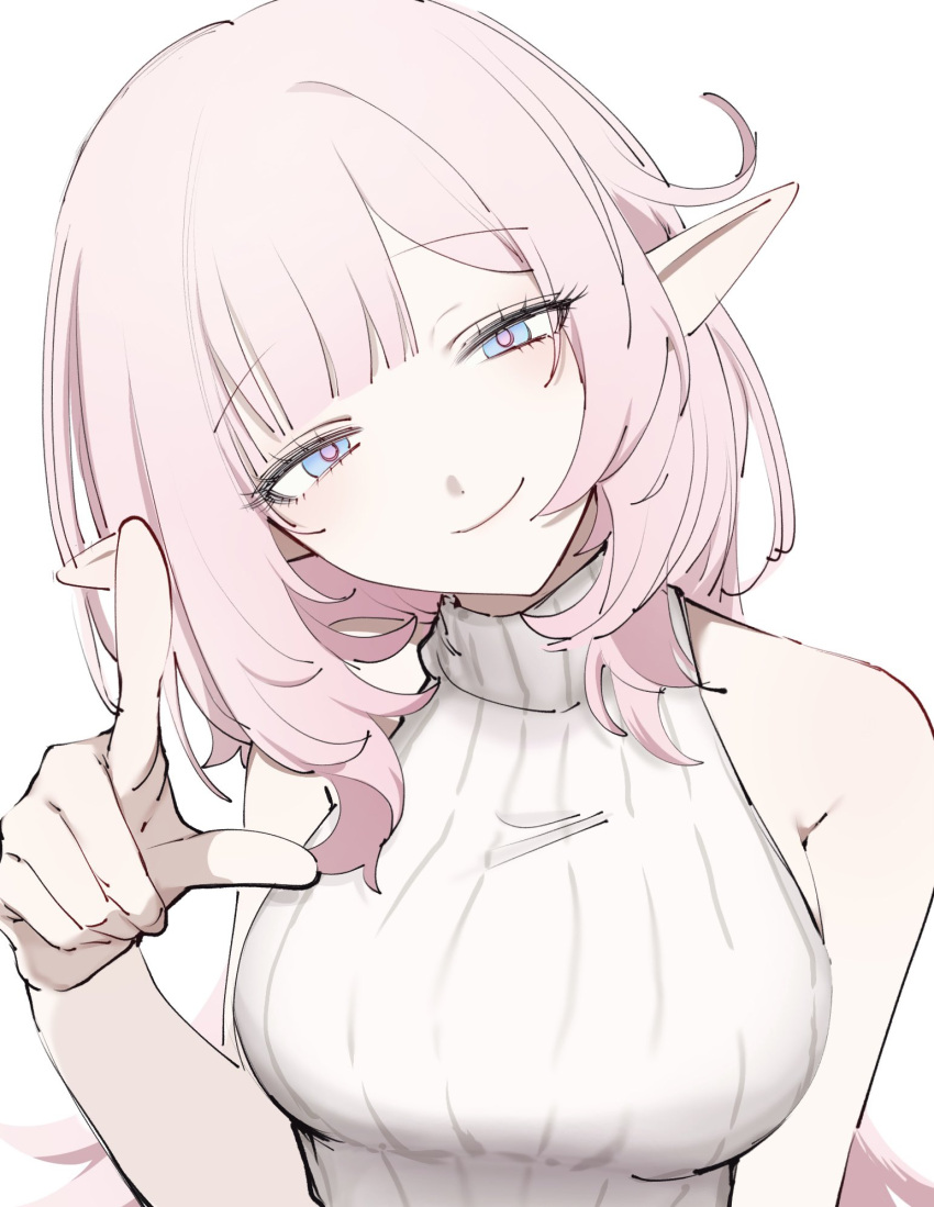 1girl alternate_costume bare_shoulders blunt_bangs breasts c_uino closed_mouth elf elysia_(honkai_impact) hand_up head_tilt highres honkai_(series) honkai_impact_3rd large_breasts long_hair looking_at_viewer parted_bangs pink_hair pointing pointing_at_viewer pointy_ears purple_eyes ribbed_sweater simple_background sleeveless sleeveless_sweater smile solo sweater turtleneck turtleneck_sweater upper_body white_background white_sweater