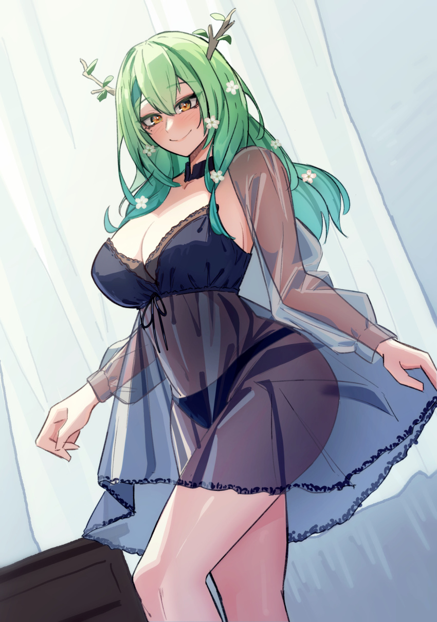 1girl absurdres alternate_costume antlers black_panties breasts ceres_fauna cleavage flower green_hair hair_flower hair_ornament highres hololive hololive_english large_breasts lingerie long_hair mole mole_under_eye navel nightgown nokaa_aru panties see-through see-through_sleeves smile underwear underwear_only virtual_youtuber yellow_eyes