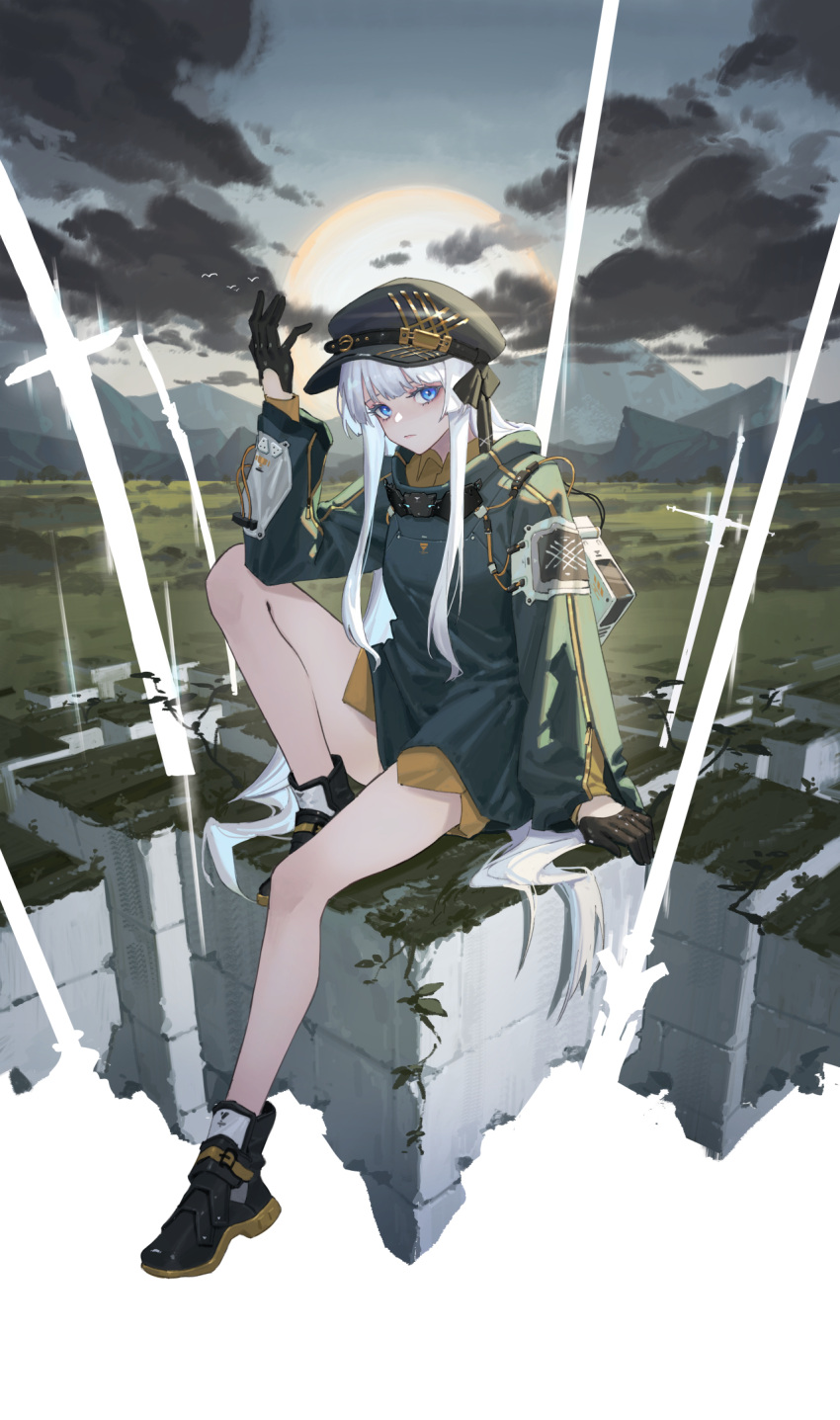 1girl areaaaron bare_legs black_footwear black_gloves black_ribbon blue_eyes cloud collared_shirt dark_clouds gloves grass green_jacket hand_on_ground hand_up hat highres jacket long_hair long_sleeves looking_at_viewer mountain original peaked_cap ribbon scenery shirt sitting solo sun sword technology thighs very_long_hair weapon white_hair wire yellow_shirt