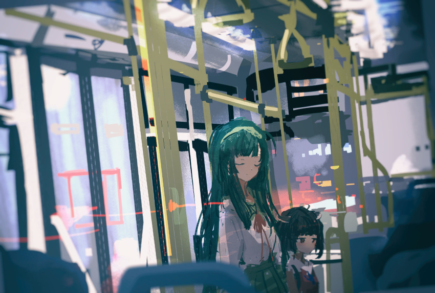 2girls ahoge arms_at_sides black_hair blurry blurry_foreground blush bus_interior closed_eyes closed_mouth commentary_request depth_of_field dutch_angle expressionless green_hair green_hairband green_sailor_collar green_skirt hairband hand_grip headgear height_difference highres kabuyama_kaigi lens_flare light_smile long_hair long_sleeves looking_ahead multiple_girls neck_ribbon pleated_skirt red_ribbon red_shirt ribbon sailor_collar school_uniform serafuku shirt shirt_tucked_in siblings sidelocks sisters skirt sleeveless sleeveless_shirt touhoku_kiritan touhoku_zunko voiceroid white_shirt