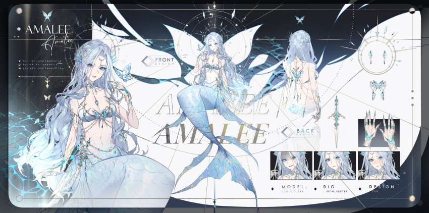 1girl absurdres artist_name blue_eyes breasts bug butterfly butterfly_earrings character_name collarbone dagger earrings fingernails fins grey_hair halo head_fins highres indie_virtual_youtuber jewelry knife large_breasts long_fingernails long_hair looking_at_viewer lucidsky mermaid monarch_(amalee) monster_girl multiple_views navel official_alternate_costume official_alternate_hair_length official_alternate_hairstyle official_art reference_sheet second-party_source turnaround very_long_hair virtual_youtuber wavy_hair weapon