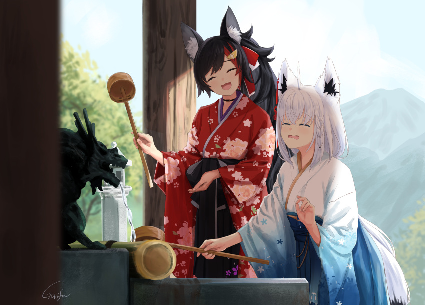 2girls :d absurdres ahoge animal_ear_fluff animal_ears black_hair black_hakama blue_hakama blue_kimono blue_sky blurry blurry_foreground braid closed_eyes cloud cloudy_sky commentary_request day depth_of_field floral_print fox_ears fox_girl fox_tail gradient_kimono gurifu hair_between_eyes hair_ornament hairclip hakama hakama_skirt highres hololive japanese_clothes kimono long_sleeves mountain multicolored_hair multiple_girls ookami_mio outdoors print_kimono red_hair red_kimono shirakami_fubuki skirt sky smile streaked_hair tail virtual_youtuber water wavy_mouth white_hair white_kimono wide_sleeves wolf_ears