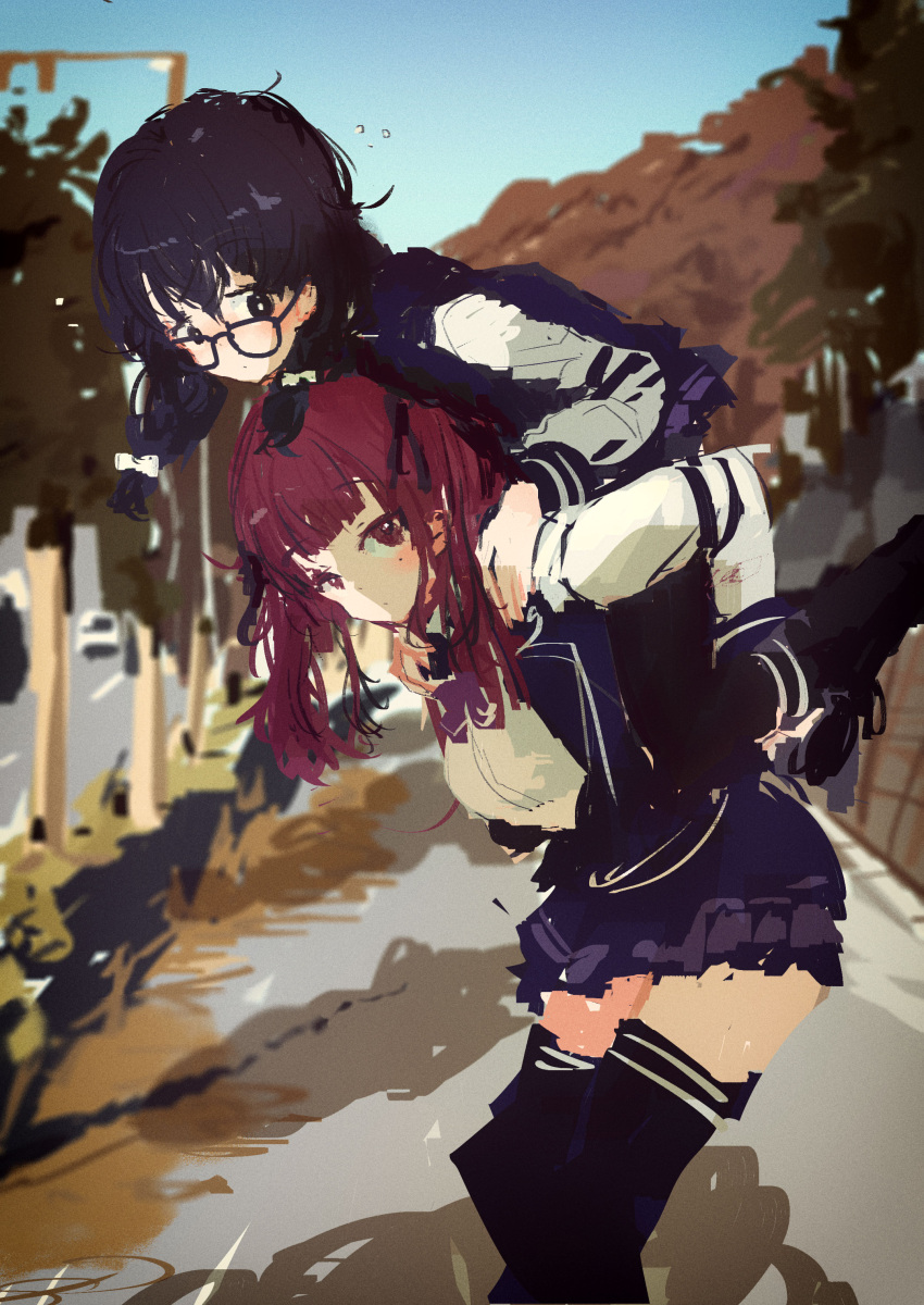 2girls absurdres bent_over black_eyes black_hair black_pantyhose black_ribbon black_thighhighs blazer blue_sky blurry blurry_background blush bow bowtie braid breasts carrying cevio closed_mouth commentary_request day flying_sweatdrops foliage glasses hair_bow hair_ribbon hanakuma_chifuyu hands_on_another's_shoulders highres jacket kabuyama_kaigi looking_at_another looking_down looking_up low_twin_braids medium_breasts miniskirt mole mole_under_eye multicolored_clothes multicolored_jacket multiple_girls multiple_hair_bows natsuki_karin outdoors pantyhose piggyback pleated_skirt purple_bow purple_bowtie purple_jacket purple_skirt red_eyes red_hair ribbon road school_uniform shirt sidewalk skirt sky street synthesizer_v thighhighs tree twin_braids twintails two-tone_jacket white_bow white_shirt white_sleeves zettai_ryouiki