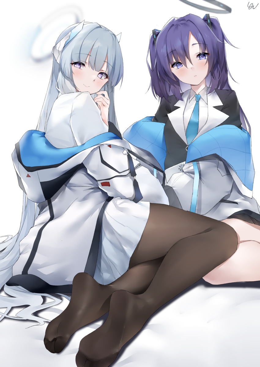 2girls absurdres black_pantyhose black_skirt blue_archive blue_necktie blush breasts closed_mouth collared_shirt feet grey_hair hair_between_eyes halo highres jacket large_breasts long_hair long_sleeves mechanical_halo multiple_girls necktie noa_(blue_archive) pantyhose pleated_skirt purple_eyes purple_hair shirt simple_background skirt smile two-sided_fabric two-sided_jacket white_background white_jacket white_shirt white_skirt yanwulazy yuuka_(blue_archive)
