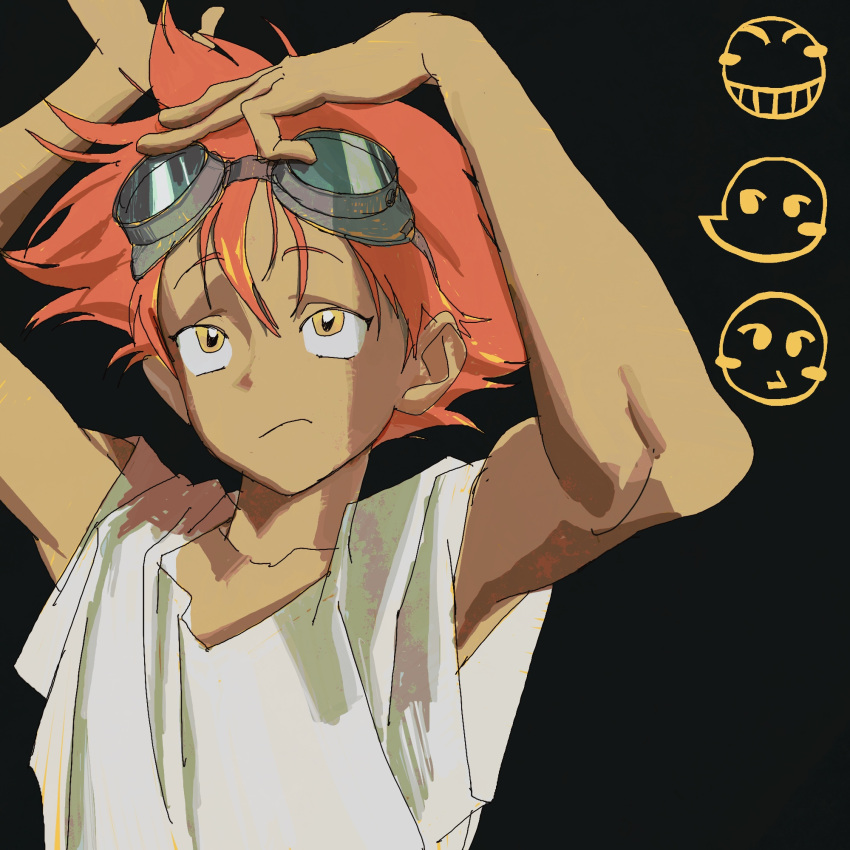 1girl androgynous black_background blush_stickers closed_mouth collarbone cowboy_bebop edward_wong_hau_pepelu_tivrusky_iv goggles goggles_on_head highres kagyuu_y looking_up messy_hair orange_hair reverse_trap shadow shirt short_hair smile solo upper_body white_shirt