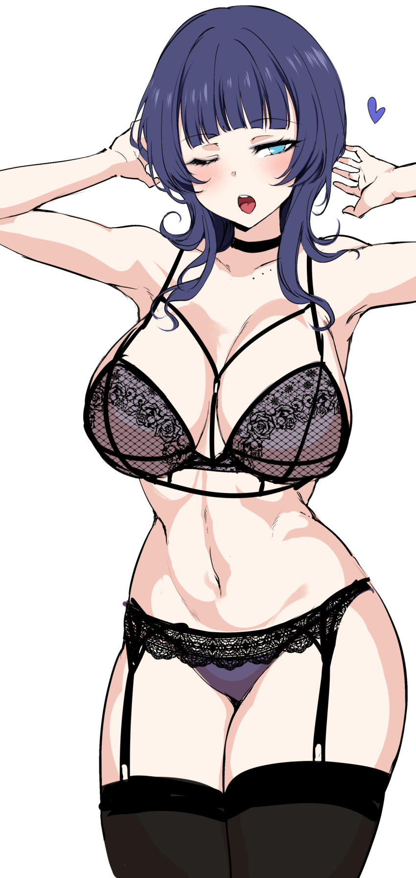 1girl absurdres agetama armpits arms_up asaka_karin bare_shoulders black_bra black_garter_belt black_thighhighs blue_eyes blue_hair blunt_bangs blush bra breasts choker cleavage closed_mouth commentary_request cowboy_shot dark_blue_hair eyeliner fishnet_bra garter_belt garter_straps heart highres lace-trimmed_garter_belt lace-trimmed_legwear lace_trim large_breasts lingerie long_hair love_live! love_live!_nijigasaki_high_school_idol_club makeup medium_hair mole mole_on_body mole_on_collarbone multiple_moles navel one_eye_closed open_mouth panties purple_panties simple_background sketch solo teeth thighhighs tongue underwear underwear_only white_background