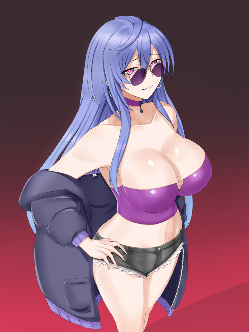 1girl blush breasts choker crop_top denim denim_shorts earrings hair_between_eyes hands_on_own_hips highres iris_heart jacket jewelry kami_jigen_game_neptune_v large_breasts long_hair looking_at_viewer neptune_(series) paid_reward_available pink_eyes power_symbol purple-tinted_eyewear purple_hair shorts solo sunglasses symbol-shaped_pupils tinted_eyewear zatsu