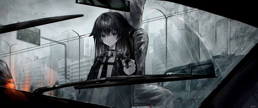 1girl absurdres aiming aiming_at_viewer building car city cityscape cloud gun handgun highres holding holding_gun holding_weapon lamppost looking_at_viewer motor_vehicle original police police_uniform policewoman power_lines red_light road road_sign scenery senakira sign skyscraper uniform weapon window wiring