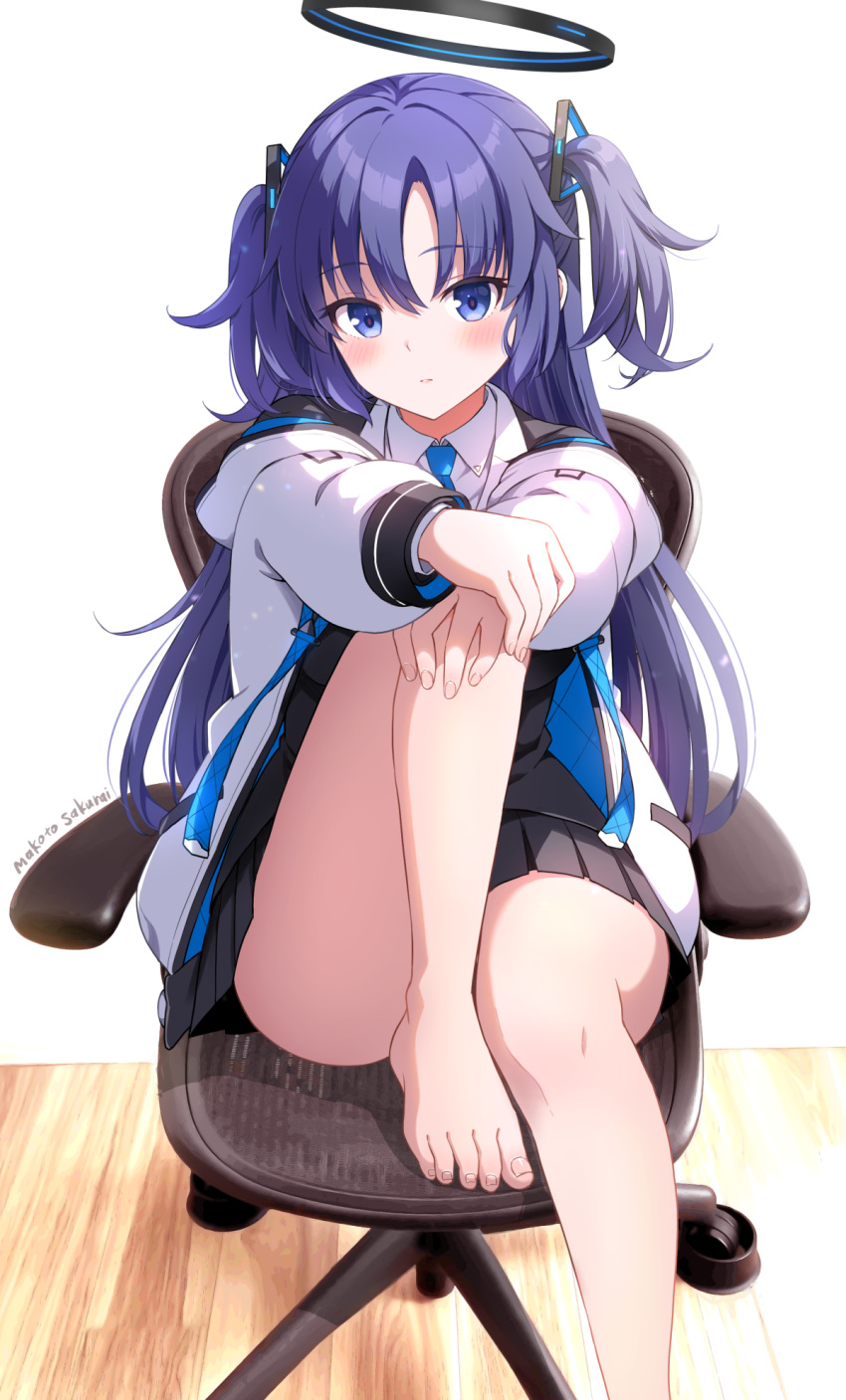 1girl bare_legs barefoot black_halo black_skirt blue_archive blue_necktie blush collared_shirt feet foot_out_of_frame halo highres hood hooded_jacket jacket knee_up leg_up legs long_hair looking_at_viewer necktie purple_eyes purple_hair sakurai_makoto_(custom_size) shirt sitting skirt solo swivel_chair toenails toes two_side_up white_jacket white_shirt yuuka_(blue_archive)