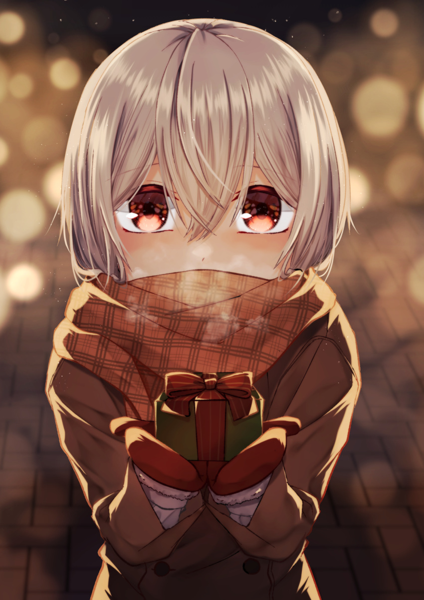 1boy blurry blush bokeh box breath christmas coat covered_mouth depth_of_field gift gift_box grey_hair highres holding holding_box holding_gift long_sleeves looking_at_viewer male_focus mittens nekoishi_haruno original outdoors plaid plaid_scarf red_eyes road scarf solo street