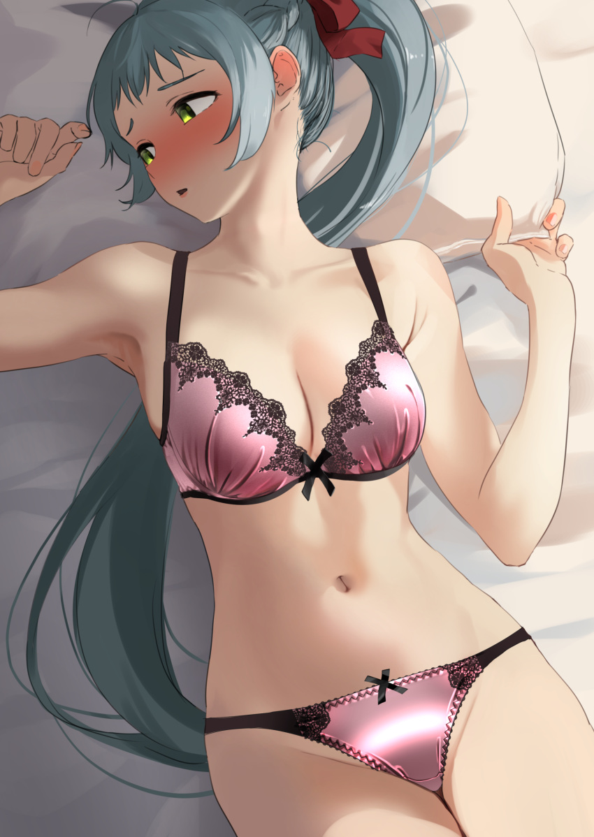 1girl absurdres arm_up armpits blue_hair blush bra braid breasts closed_mouth collarbone commission embarrassed green_eyes hair_ribbon highres irako_(kancolle) kantai_collection lace-trimmed_bra lace_trim lingerie long_hair looking_to_the_side lying medium_breasts navel on_back on_bed panties pillow pillow_grab pink_bra pink_panties pixiv_commission ponytail red_ribbon ribbon solo stomach tama_(tamago) underwear underwear_only