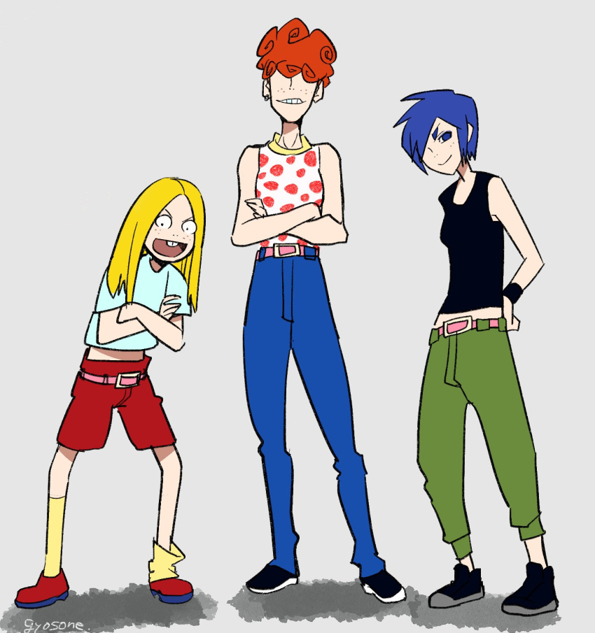 3girls animification belt big_hair blue_eyeshadow bra_strap buck_teeth choker ed_edd_n_eddy eyeshadow freckles green_shorts gyosone hair_over_eyes hair_over_one_eye highres lee_kanker makeup marie_kanker may_kanker multiple_girls navel_piercing piercing pink_belt polka_dot polka_dot_shirt punk red_shorts shirt shorts siblings sisters spiked_choker spikes standing teeth thighhighs torn_clothes torn_thighhighs