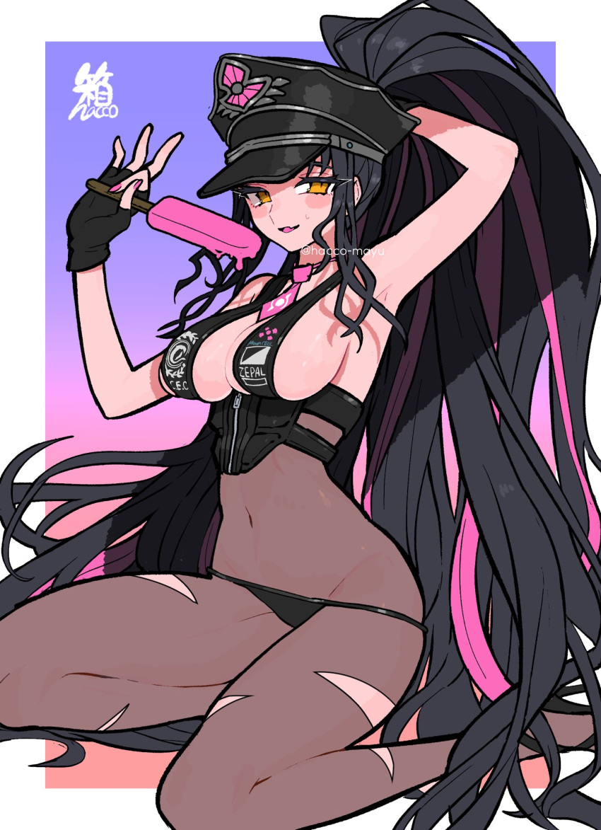 1girl bare_shoulders bikini black_bikini black_gloves black_hair black_headwear black_pantyhose blush breasts cleavage covered_navel facial_mark fate/grand_order fate_(series) fingerless_gloves food forehead_mark gloves hacco_mayu halterneck hat highres large_breasts long_hair looking_at_viewer multicolored_hair necktie pantyhose parted_bangs pink_hair police_hat ponytail popsicle sessyoin_kiara sessyoin_kiara_(swimsuit_mooncancer) sessyoin_kiara_(swimsuit_mooncancer)_(second_ascension) sideboob sitting smile solo streaked_hair swimsuit thighs very_long_hair wariza yellow_eyes