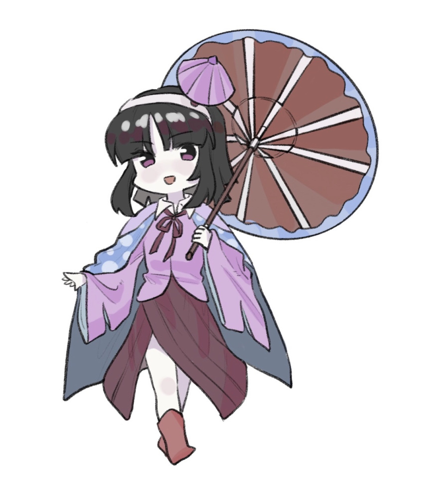 1other amanomiya_jun androgynous bare_legs black_hair blue_sleeves blunt_bangs blunt_ends boots bow bowtie cape collar collared_shirt commentary crossed_legs dated_commentary full_body hairband hakama hakama_skirt highres holding holding_umbrella japanese_clothes jishixingle1029 len'en long_sleeves looking_at_viewer medium_hair oil-paper_umbrella open_mouth other_focus outstretched_hand parted_bangs pink_eyes pink_sleeves polka_dot_cape purple_cape purple_shirt red_bow red_bowtie red_footwear red_skirt red_umbrella rubber_boots shirt side_slit simple_background skirt smile solo two-sided_sleeves umbrella umbrella_hair_ornament white_background white_collar white_hairband white_undershirt wide_sleeves