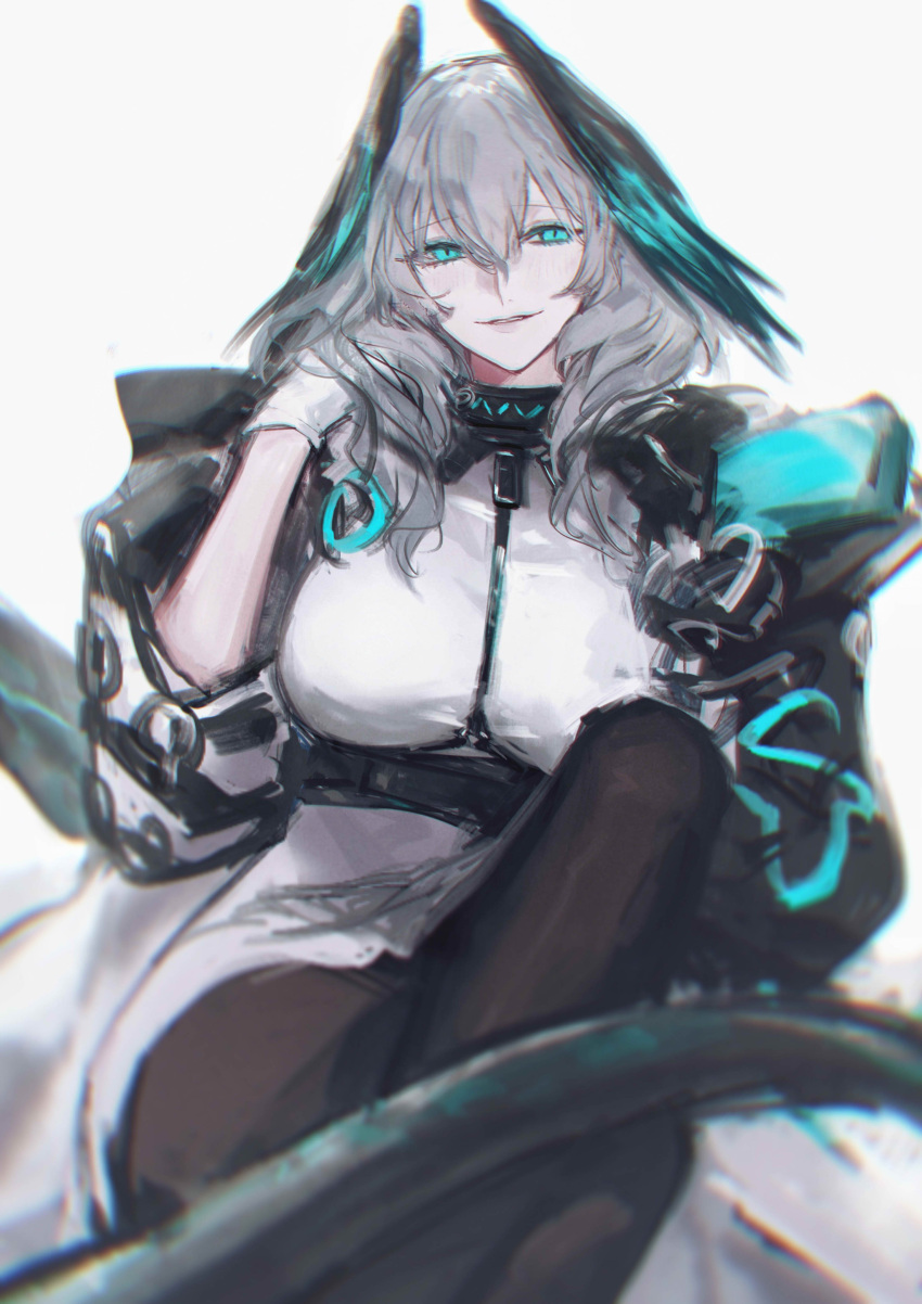 1girl absurdres aqua_eyes aqua_wings arknights belt between_breasts black_belt black_pantyhose black_tail black_wings breasts coat crossed_legs dress feathered_wings feet_out_of_frame fingerless_gloves full_body gloves grey_hair hair_between_eyes hand_in_own_hair head_wings highres ho'olheyak_(arknights) huangjin_shizi infection_monitor_(arknights) large_breasts long_sleeves looking_at_viewer multicolored_coat open_clothes open_coat pantyhose parted_lips pencil_dress short_dress short_hair sidelocks snake_girl snake_tail solo strap_between_breasts tail two-tone_coat two-tone_wings unfinished white_background white_dress white_gloves wings