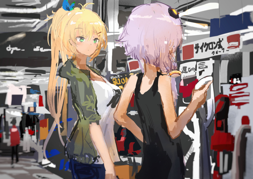 2girls alternate_costume antenna_hair black_tank_top blonde_hair blue_bow blurry blurry_background bow breasts cevio closed_mouth commentary_request cowboy_shot denim facing_away from_behind green_eyes green_jacket hair_bow hair_ornament highres holding index_finger_raised indoors jacket jeans kabuyama_kaigi large_breasts long_hair looking_at_another multiple_girls open_clothes open_jacket pants ponytail shirt shop shopping short_hair_with_long_locks tank_top translation_request tsurumaki_maki vocaloid voiceroid white_shirt yuzuki_yukari