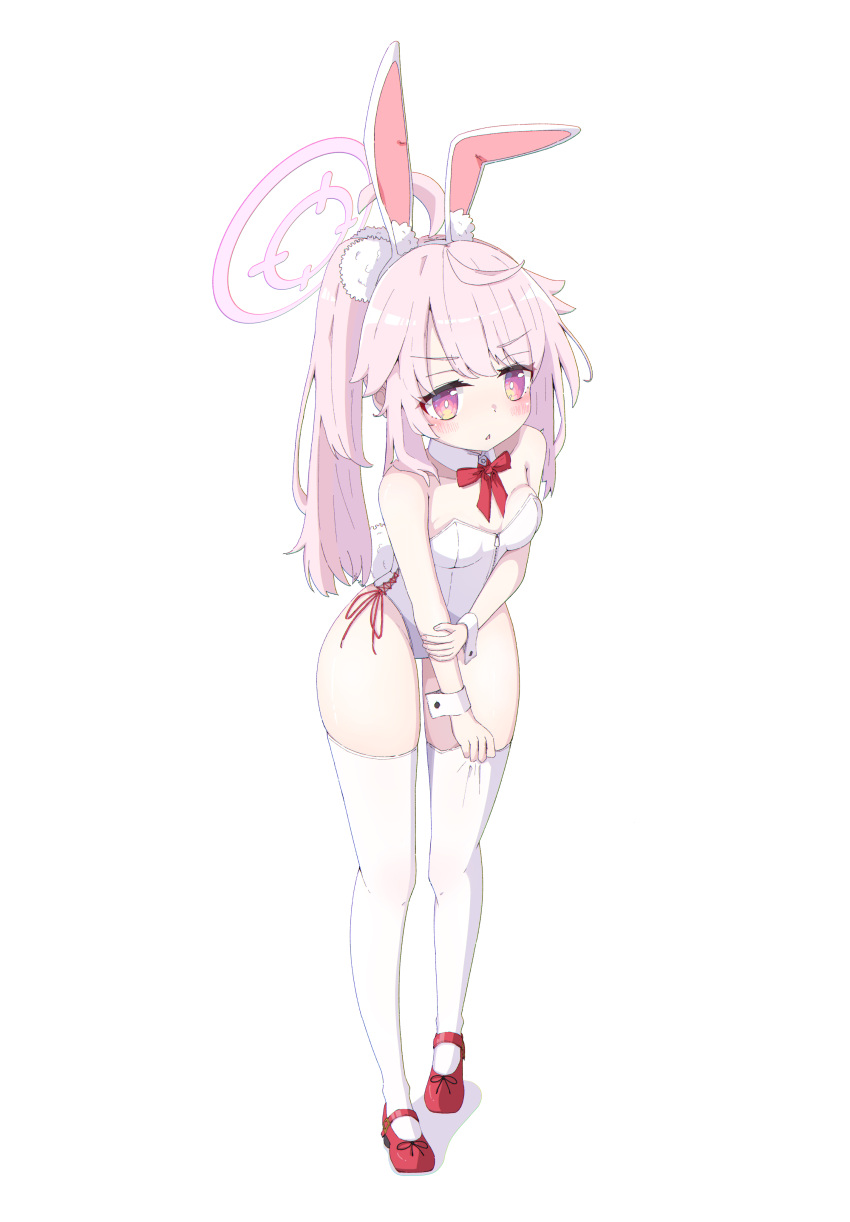 1girl absurdres ahoge akasaka_ill animal_ears blue_archive blush breasts clothes_pull detached_collar fake_animal_ears fake_tail halo highres leotard natsu_(blue_archive) pink_eyebrows pink_hair pink_halo playboy_bunny pulling rabbit_ears rabbit_tail red_eyes red_footwear shadow side_ponytail simple_background small_breasts solo solo_focus tail thighhighs white_background white_leotard white_thighhighs wrist_cuffs