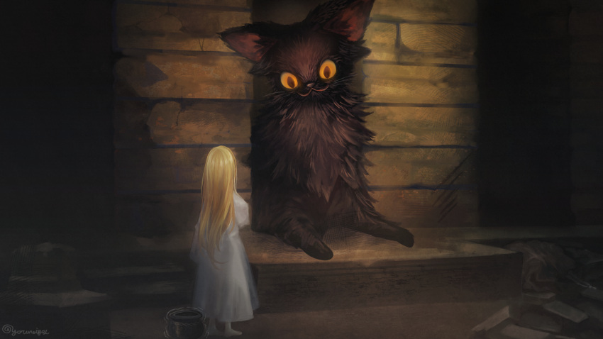 1girl :3 absurdres animal barefoot black_cat blonde_hair cat cauldron commentary dress english_commentary from_behind full_body highres indoors long_hair looking_at_another original oversized_animal solo very_long_hair yellow_eyes yoruneiges