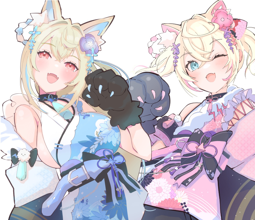 2girls absurdres animal_ear_fluff animal_ears animal_hands ayumi_(ayumi05888572) belt black_collar black_sash blonde_hair blue_belt blue_eyes blue_hair blue_kimono blush breasts collar dog_ears dog_girl dog_paws fangs flat_chest floral_print_kimono flower fuwawa_abyssgard fuwawa_abyssgard_(new_year) hair_flower hair_ornament highres hololive hololive_english japanese_clothes kimono large_breasts looking_at_viewer mococo_abyssgard mococo_abyssgard_(new_year) multicolored_hair multiple_girls obi official_alternate_costume one_eye_closed open_mouth pink_belt pink_eyes pink_hair pink_kimono sash short_hair siblings sisters skin_fangs sleeveless sleeveless_kimono smile spiked_collar spikes streaked_hair twins twintails virtual_youtuber