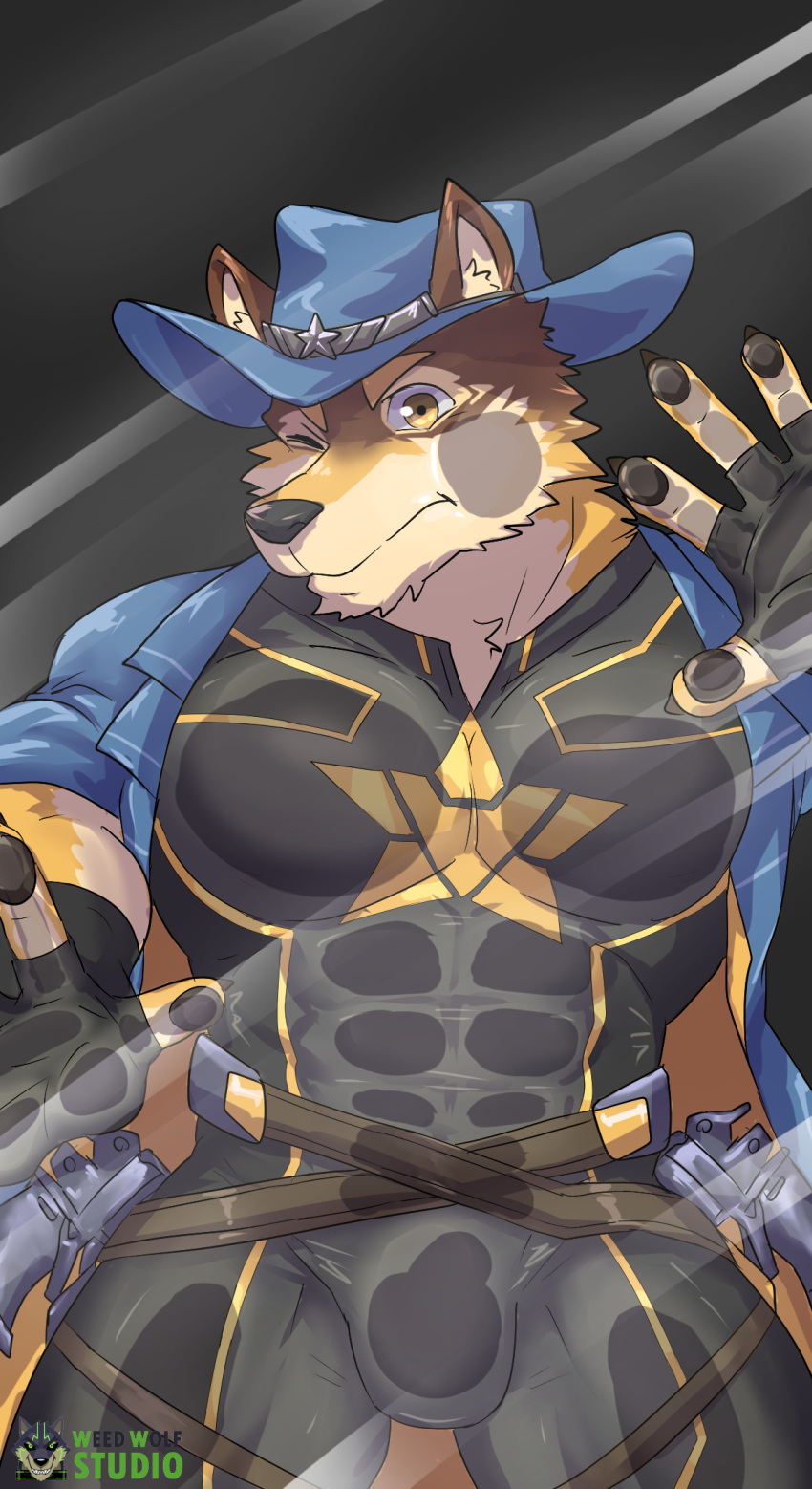 1boy abs against_glass animal_ears bara barrel_(live_a_hero) black_bodysuit bodysuit brown_fur bulge bulge_on_glass bulge_press cheek_on_glass cowboy_shot dog_boy dog_ears fingerless_gloves furry furry_male gloves hand_on_glass highres large_pectorals live_a_hero looking_at_viewer male_focus muscular muscular_male one_eye_closed orange_fur pectoral_press pectorals pectorals_on_glass short_hair solo stomach_on_glass thick_eyebrows weedwolfeatmeat