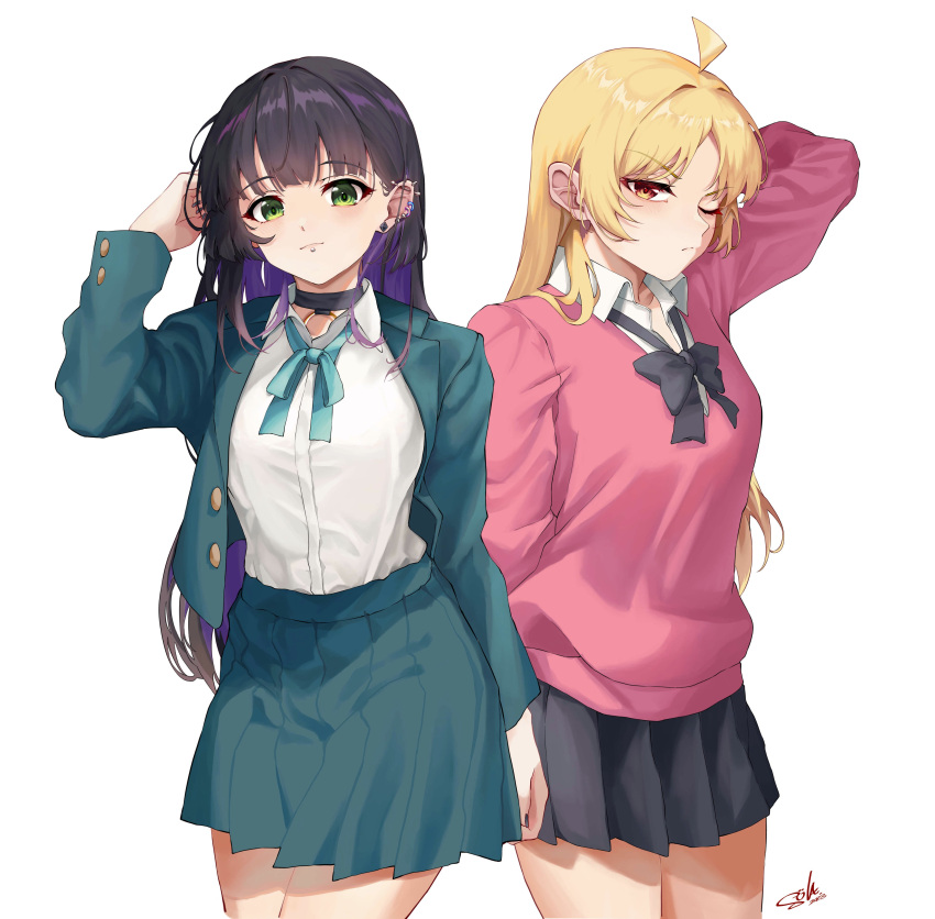 2girls absurdres alternate_costume arm_up black_hair blonde_hair bocchi_the_rock! chin_piercing ear_piercing enferverge green_eyes highres ijichi_seika jacket multiple_girls open_clothes open_jacket orange_eyes pa-san piercing school_uniform shirt sweater white_shirt