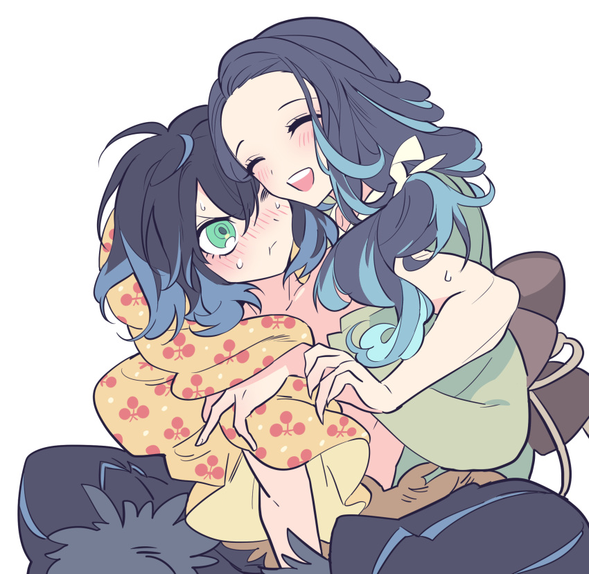 1boy 1girl :d black_hair black_pants blue_hair blush closed_eyes green_eyes green_kimono hair_between_eyes hashibira_inosuke hashibira_kotoha highres hug japanese_clothes kimetsu_no_yaiba kimono long_hair long_sleeves looking_at_another meremero mother_and_son multicolored_hair one_eye_closed open_mouth pants short_hair shy simple_background sitting smile streaked_hair sweatdrop topless_male white_background