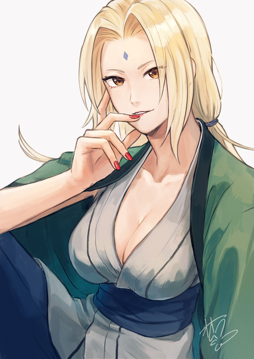 1girl absurdres black_pants blonde_hair breasts brown_eyes cleavage coat fewer_digits forehead_jewel green_coat grey_shirt grin highres large_breasts long_hair looking_at_viewer nail_polish naruto naruto_(series) ninja oomura_saki pants red_nails shirt signature simple_background smile solo teeth tsunade_(naruto) twintails white_background