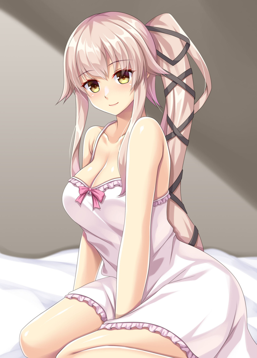 1girl absurdres bed_sheet blush breasts camisole cleavage closed_mouth collarbone hair_between_eyes highres kantai_collection large_breasts long_hair looking_at_viewer pink_hair ponytail ruin_re_birth smile solo very_long_hair white_camisole yellow_eyes yura_(kancolle)