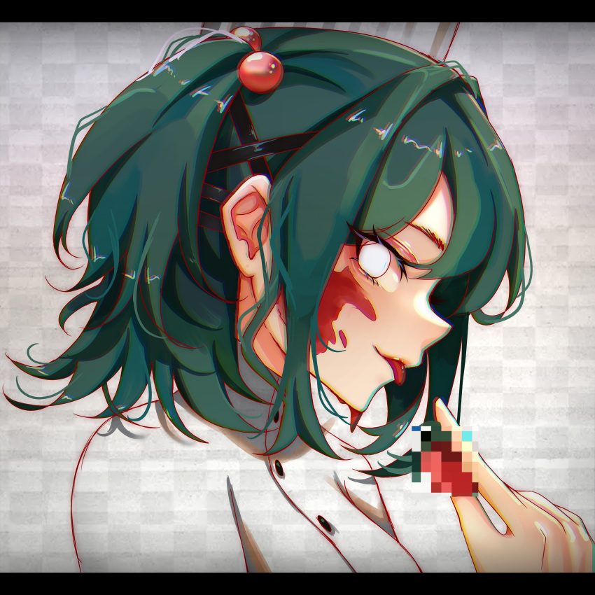 1girl absurdres aqua_hair black_border blood blood_drip blood_on_face border censored censored_food checkered_background chef chef_hat dripping fake_censor food from_side fruit hair_bobbles hair_ornament hat highres holding_straw horror_(theme) kuukinaru lacey_(lacey_games) lacey_games looking_at_viewer outline red_outline shirt short_hair short_twintails solo strawberry tongue tongue_out twintails white_eyes white_shirt x_hair_ornament