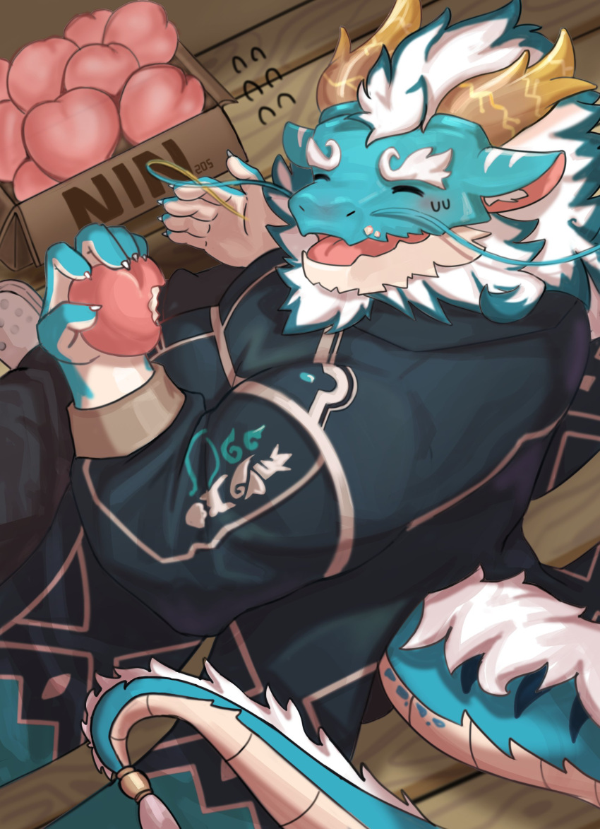 2024 205nin absurd_res anthro blue_body blush dragon eyebrows facial_hair food fruit hair hi_res high-angle_view horn lifewonders male mature_male overweight peach_(fruit) plant qinglong solo thick_eyebrows tokyo_afterschool_summoners white_hair