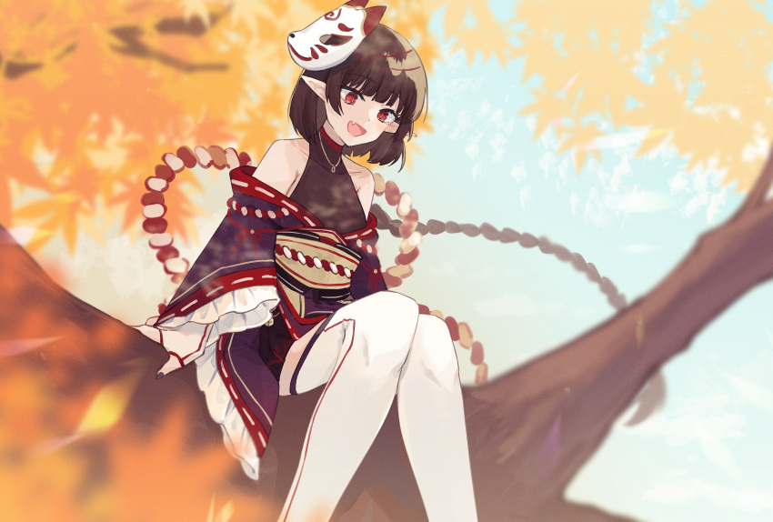 1girl arm_support autumn_leaves blunt_bangs brown_hair day fang fingerless_gloves fox_mask frilled_kimono frilled_sleeves frills gloves halterneck highres in_tree japanese_clothes jewelry kimono kotake_8 kouhaku_nawa leaf long_sleeves looking_down maple_leaf mask mask_on_head nail_polish necklace off_shoulder open_mouth original pointy_ears red_eyes rope shimenawa short_hair sitting sitting_in_tree sky slit_pupils smile solo thighhighs tree