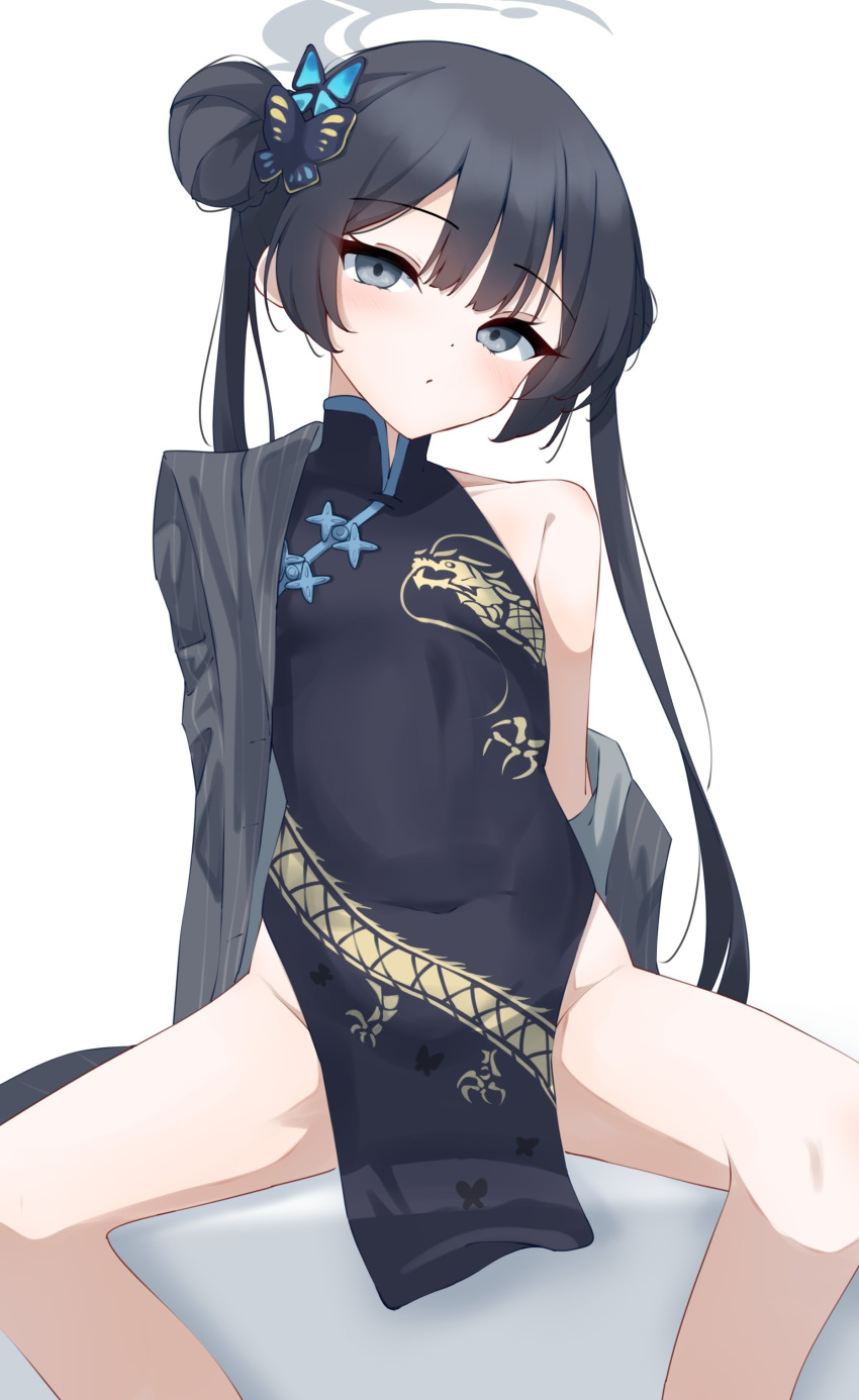 1girl absurdres arms_behind_back black_coat black_dress black_eyes black_hair blue_archive blush butterfly_hair_ornament china_dress chinese_clothes coat commentary covered_navel dot_nose double_bun dragon_print dress expressionless flat_chest hair_bun hair_ornament halo highres kabocya_na kisaki_(blue_archive) long_hair long_sleeves looking_at_viewer side_slit sidelocks sitting sleeveless sleeveless_dress solo spread_legs thighs twintails white_background