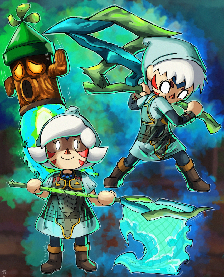 alternate_costume alternate_eye_color alternate_hair_color alternate_weapon animal_crossing armor aura axe blue_gemstone boots butterfly_net corruption crescent crossover dark_persona deku_scrub double_helix dual_persona evil_smile facial_tattoo fierce_deity gem hand_net hat highres holding holding_axe holding_butterfly_net holding_net holding_weapon lloid looking_at_viewer net possessed smile stoic_seraphim super_smash_bros. tattoo the_legend_of_zelda the_legend_of_zelda:_majora's_mask triangle villager_(animal_crossing) weapon white_eyes white_hair