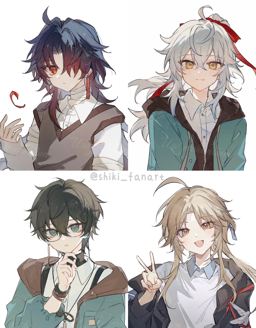 4boys absurdres aged_down aqua_eyes artist_name bandaged_neck bandages black_hair black_hoodie blade_(honkai:_star_rail) blonde_hair closed_mouth dan_heng_(honkai:_star_rail) earrings glasses grey_hair hair_over_one_eye hair_ribbon highres honkai:_star_rail honkai_(series) hood hooded_jacket hoodie jacket jewelry jing_yuan long_hair long_sleeves male_focus multiple_boys open_mouth red_eyes ribbon shiki_fanart shirt smile twitter_username v vest white_shirt yanqing_(honkai:_star_rail) yellow_eyes