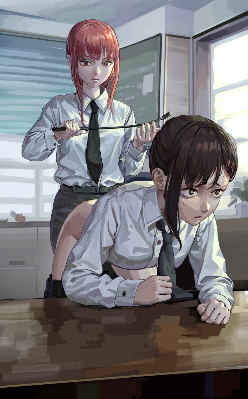 2girls absurdres bent_over blurry blurry_background bottomless bright_pupils brown_eyes brown_hair chainsaw_man clothes_pull hair_ornament hairpin higashiyama_kobeni highres looking_ahead looking_at_ass makima_(chainsaw_man) multiple_girls necktie orange_eyes pants pants_pull punishment red_hair riding_crop rzcd5827 scared spanked spanking suit sweat white_pupils