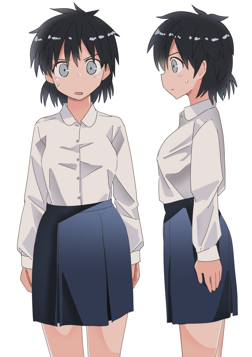 1girl absurdres black_eyes black_hair black_skirt commentary constricted_pupils dress_shirt frown genderswap genderswap_(mtf) haida_katsuretsu highres long_sleeves looking_at_viewer miniskirt multiple_views open_mouth original pleated_skirt school_uniform shirt short_hair simple_background skirt standing sweatdrop white_background white_shirt wing_collar