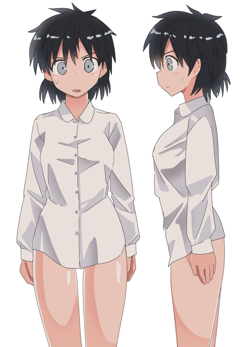 1girl absurdres black_eyes black_hair bottomless commentary constricted_pupils dress_shirt frown genderswap genderswap_(mtf) haida_katsuretsu highres long_sleeves looking_at_viewer multiple_views open_mouth original shirt short_hair simple_background standing sweatdrop white_background white_shirt wing_collar