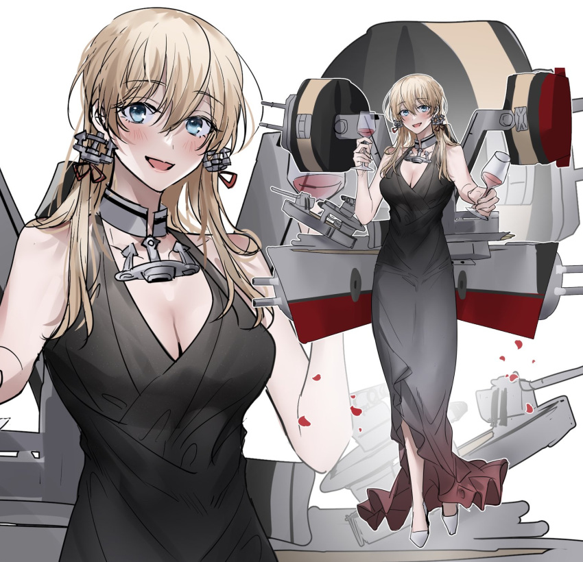 1girl alternate_costume anchor_hair_ornament aqua_eyes black_dress blonde_hair breasts choker cleavage commission cup dress drinking_glass full_body gun hair_ornament high_heels highres ichimonme_(ichi) kantai_collection large_breasts long_hair looking_at_viewer low_twintails multiple_views prinz_eugen_(kancolle) simple_background solo turret twintails weapon white_background white_footwear wine_glass