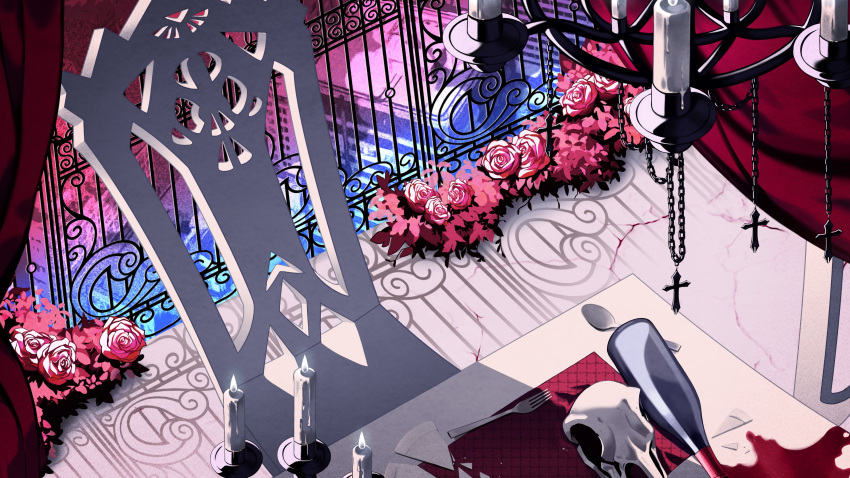 absurdres alcohol animal_skull bottle broken_plate bush candle candlestand chain chair chandelier commentary crack cracked_floor cross curtains english_commentary fence fixer_(vocaloid) flower fork highres hirokuncaws holostars holostars_english no_humans official_art placemat plate red_curtains red_flower red_rose rose scenery shadow spill spoon stairs table window wine wine_bottle