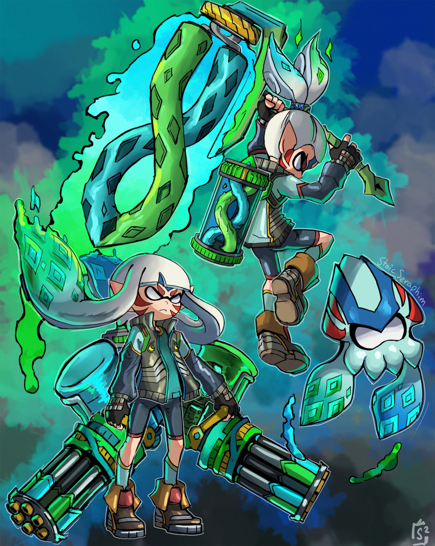 absurdres alternate_color alternate_costume alternate_eye_color alternate_hair_color alternate_weapon angry armor aura big_swig_roller_(splatoon) carbon_roller_(splatoon) child company_connection corruption crescent dark_persona double_helix dynamo_roller_(splatoon) facial_tattoo fierce_deity fingerless_gloves flingza_roller_(splatoon) frown gatling_gun gloves gun hero_roller_(splatoon) highres holding holding_paint_roller holding_weapon inkling inkling_boy inkling_girl kos-mos kos-mos_re: looking_down looking_to_the_side multiple_persona no_pupils pointy_ears ponytail pose_imitation possessed shorts splat_roller_(splatoon) splatoon_(series) splatoon_1 squid stoic_seraphim super_smash_bros. tattoo the_legend_of_zelda the_legend_of_zelda:_majora's_mask triangle weapon white_eyes white_hair xenoblade_chronicles_(series) xenoblade_chronicles_2 xenosaga